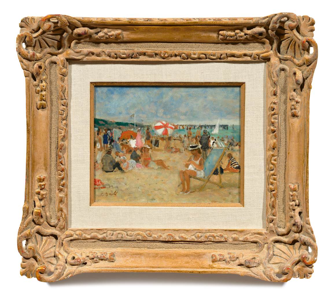   FRANÇOIS GALL (Kolozsvár 1912–1987 Paris) Elle brode sur la plage de Trouville. Öl auf Leinwand.