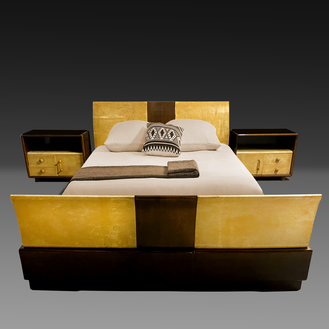Borsani Bett mit Nachttischchen. Pergament
